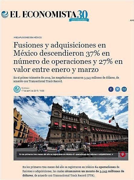 Fusiones y adquisiciones en Mxico descendieron 37% en nmero de operaciones y 27% en valor entre enero y marzo